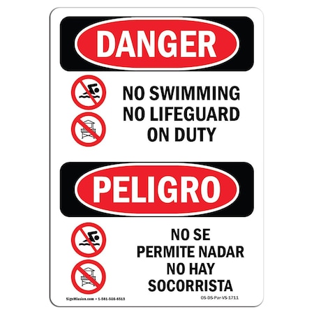 Signmission Safety Sign, OSHA Danger, 18" Height, Rigid Plastic, No Swimming No Lifeguard On Duty Spanish OS-DS-P-1218-VS-1711